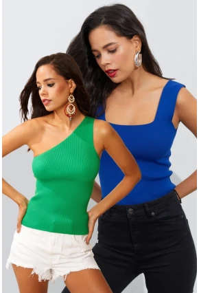 Kadın Saks-Yeşil Asimetrik Yaka İkili Triko Bluz YV131