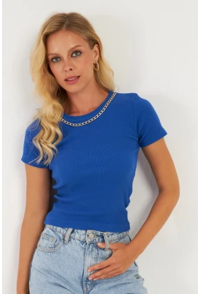 Kadın Saks Zincir Aksesuarlı Bluz XL2020