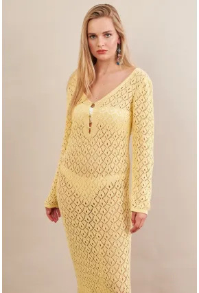 Kadın Sarı Aksesuarlı Triko Plaj Elbisesi KZ3237-90