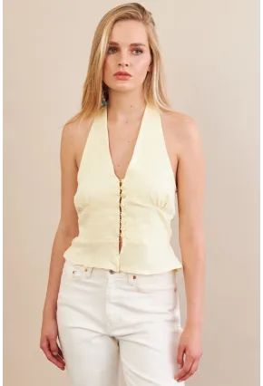 Kadın Sarı Boyun Bağlamalı Keten Yelek FS129