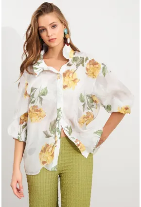 Kadın Sarı Çiçek Desenli İnce Keten Gömlek MCAR1068