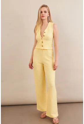 Kadın Sarı Gofre Yelek Pantalon Takım FLU330