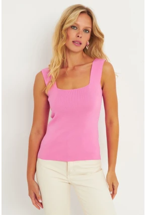 Kadın Şeker Pembe Kare Yaka Triko Bluz YV80