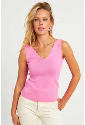 Kadın Şeker Pembe Merdiven Yaka Triko Bluz YV83