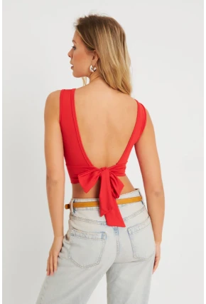 Kadın Sırt Bağlamalı Crop Bluz Kırmızı EY2733