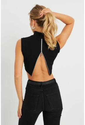 Kadın Sırt Fermuarlı Crop Bluz Siyah EY2730
