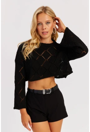 Kadın Siyah Ajurlu Kısa Triko Bluz YZ628
