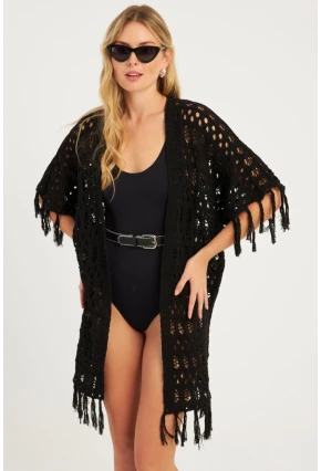 Kadın Siyah Ajurlu Püsküllü Hırka YV224