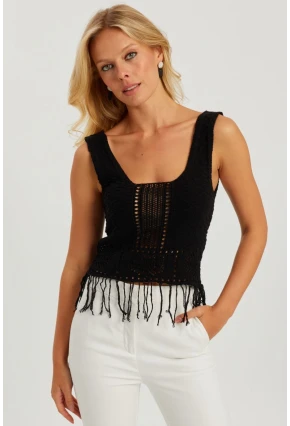 Kadın Siyah Ajurlu Püsküllü Triko Bluz YV228