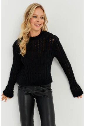 Kadın Siyah Ajurlu Sakallı Triko Bluz KZ532