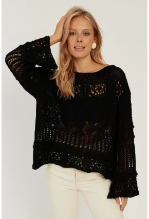 Kadın Siyah Ajurlu Triko Bluz YZ620
