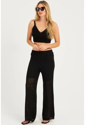 Kadın Siyah Ajurlu Triko Pantolon YZ3062