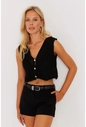 Kadın Siyah Ajurlu Triko Yelek YZ627