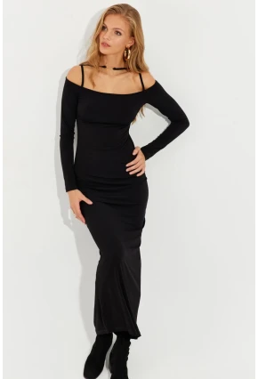 Kadın Siyah Aksesuar Detaylı Midi Elbise MEN2016