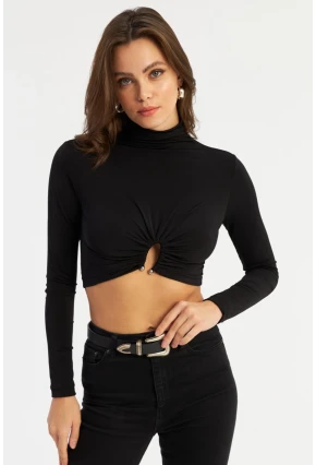 Kadın Siyah Aksesuarlı Crop Bluz EY2944