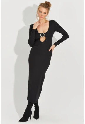 Kadın Siyah Aksesuarlı Midi Elbise EY2591