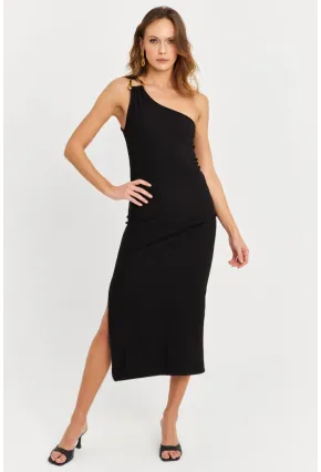 Kadın Siyah Aksesuarlı Tek Omuz Midi Elbise MOD1866