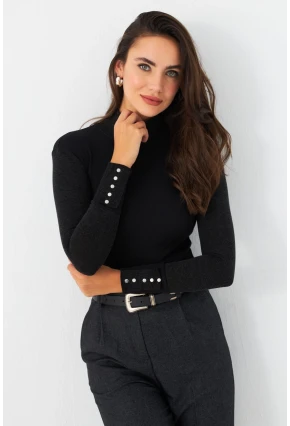 Kadın Siyah-Antrasit Kol Aksesuarlı Kaşkorse Bluz TF44