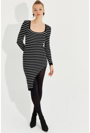 Kadın Siyah Asimetrik Çizgili Triko Elbise SF2517