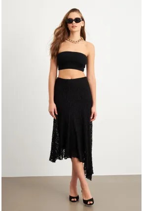 Kadın Siyah Asimetrik Dantel Midi Etek ZH357