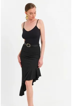Kadın Siyah Asimetrik Pileli Etek EV741