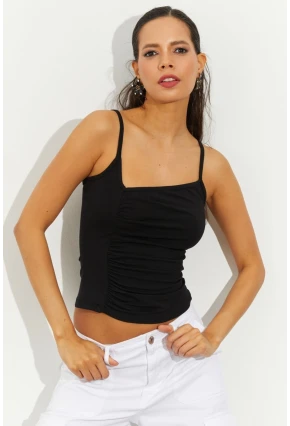 Kadın Siyah Asimetrik Yaka Büzgülü Bluz B2564