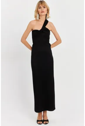 Kadın Siyah Asimetrik Yaka Maxi Elbise NH25455