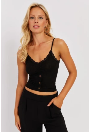Kadın Siyah Askılı Dantelli Bluz MK03-90