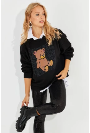 Kadın Siyah Ayıcık Baskılı Sweatshirt ZM288