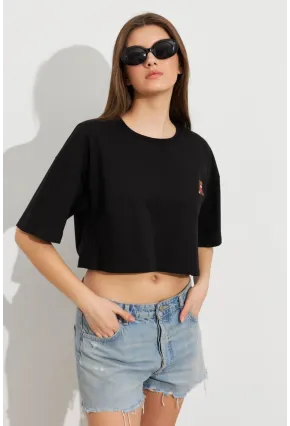 Kadın Siyah Ayıcık Nakışlı Crop T-Shirt ATS8700