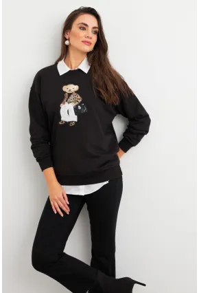 Kadın Siyah Ayıcık Nakışlı Sweatshirt PKA1590