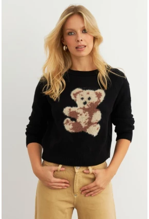 Kadın Siyah Ayıcıklı Kazak KED7429