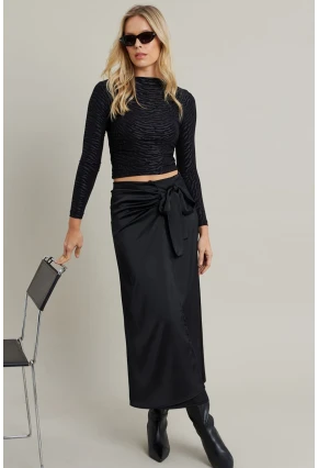 Kadın Siyah Bağlama Detaylı Anvelop Midi Etek CAR1100