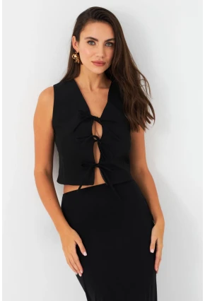 Kadın Siyah Bağlama Detaylı Astarlı Yelek ELA6645