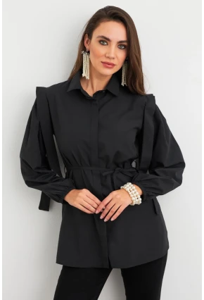 Kadın Siyah Bağlama Detaylı Basic Gömlek MASF185