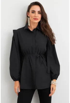 Kadın Siyah Bağlama Detaylı Basic Gömlek MASF185