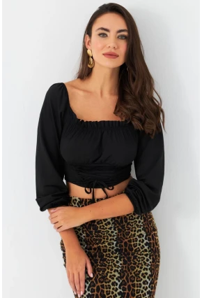 Kadın Siyah Bağlama Detaylı Crop Bluz CG387
