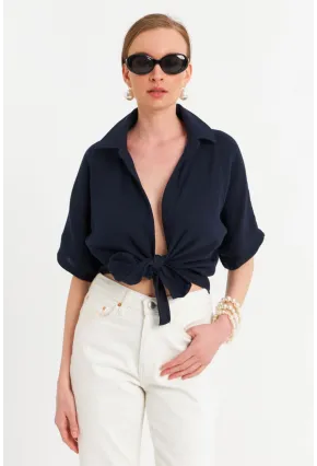 Kadın Siyah Bağlamalı Keten Bluz BTH16