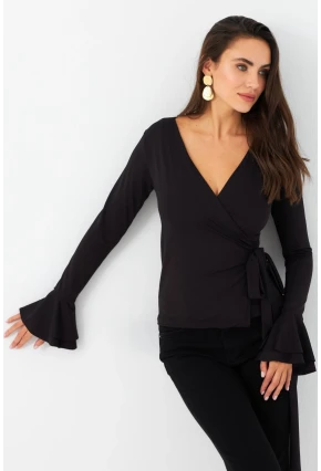 Kadın Siyah Bağlamalı Kruvaze Bluz EY2978