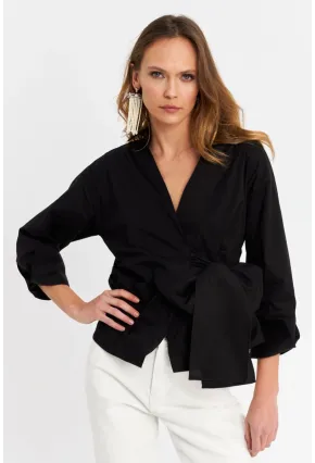 Kadın Siyah Bağlamalı Kruvaze Gömlek MFS9792