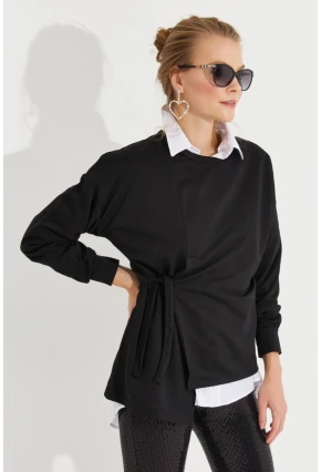 Kadın Siyah Bağlamalı Sweatshirt Yİ2493
