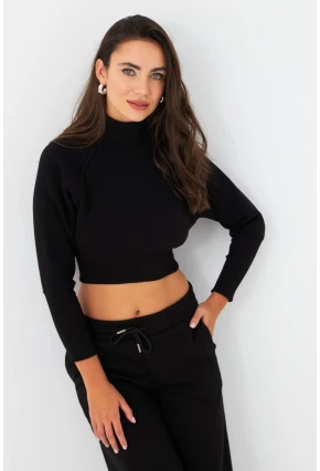 Kadın Siyah Balıkçı Crop Sweatshirt DY1469
