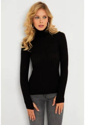 Kadın Siyah Balıkçı Yaka Eldivenli Triko Bluz HNT03