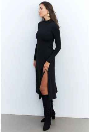 Kadın Siyah Balıkçı Yaka Midi Elbise HOR15
