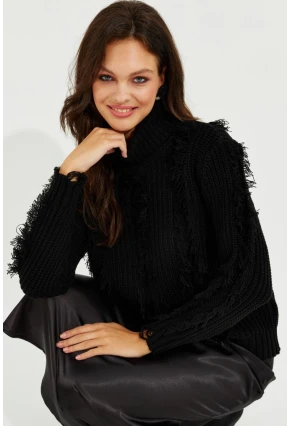 Kadın Siyah Balıkçı Yaka Püsküllü Triko Kazak KZ2471