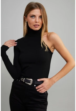 Kadın Siyah Balıkçı Yaka Tek Kol Kaşkorse Bluz EY1118
