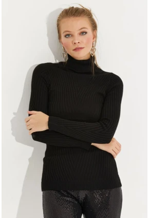 Kadın Siyah Balıkçı Yaka Triko Bluz MSS128