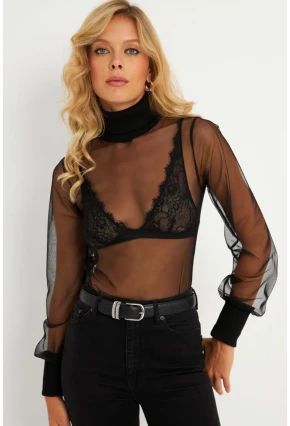 Kadın Siyah Balıkçı Yaka Tül Yılbaşı Bluz EY2901