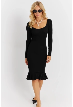 Kadın Siyah Balon Kol Kaşkorse Midi Elbise EY2855