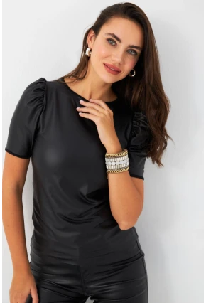 Kadın Siyah Balon Kol Sıvama Bluz TF35